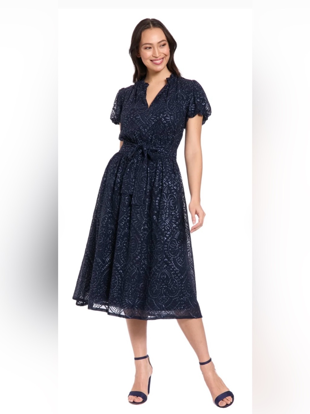 London Times Eyelet Lace Midi Dress with Self-Tie Waist - Navy. Size L